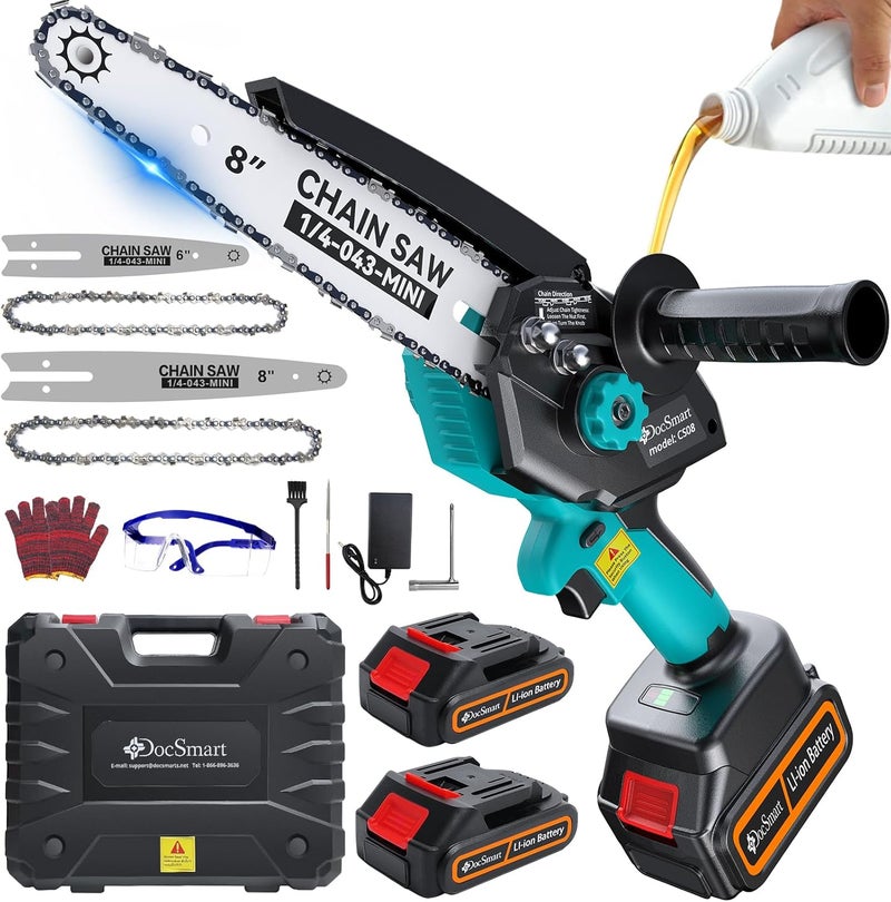 DocSmart Mini Chainsaw Cordless, 8 inch & 6 inch Electric Chain Saw with 2 Pack Rechargeable Batteries, Battery Powered Handheld Saw for Trees Trimming Wood Cutting, Perfect Gardening Tools for Men Dad Husband - Image 1